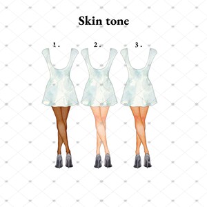 Pu&ograve; includere: Tre illustrazioni di donne che indossano abiti bianchi con diversi toni della pelle. Le donne sono in piedi con le gambe incrociate e indossano tacchi neri. Il testo "Skin tone" &egrave; in cima all'immagine, con i numeri 1, 2 e 3 accanto a ciascuna donna.