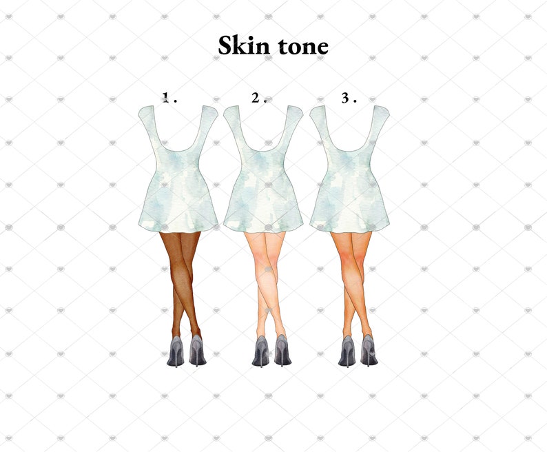 Pu&ograve; includere: Tre illustrazioni di donne che indossano abiti bianchi con diversi toni della pelle. Le donne sono in piedi con le gambe incrociate e indossano tacchi neri. Il testo "Skin tone" &egrave; in cima all'immagine, con i numeri 1, 2 e 3 accanto a ciascuna donna.
