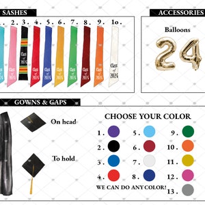 May include: Graduation sash options in various colors with the text "Class of 2024" printed on each sash.  A selection of graduation cap colors and a gold balloon number 24.