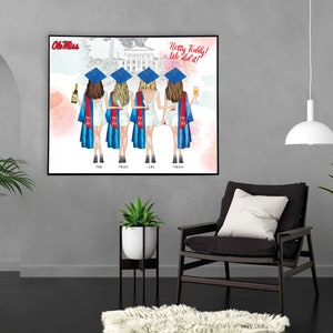 May include: A watercolor illustration of four women in graduation caps and gowns, holding champagne glasses and diplomas. The text "Hotty Toddy! We did it!" is written in the top right corner. The text "Ole Miss" is written in the top left corner.