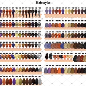 Pu&ograve; includere: Un grafico di 351 acconciature diverse per donne, con ogni acconciatura numerata. Le acconciature sono disegnate in uno stile cartone animato e sono tutte rivolte nella stessa direzione. Le acconciature sono disposte in righe e colonne.
