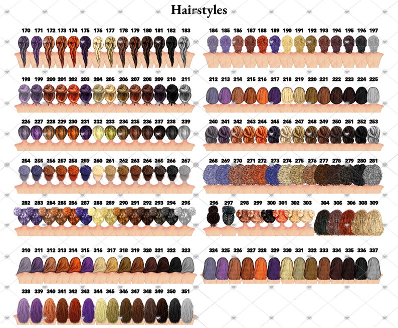 Pu&ograve; includere: Un grafico di 351 acconciature diverse per donne, con ogni acconciatura numerata. Le acconciature sono disegnate in uno stile cartone animato e sono tutte rivolte nella stessa direzione. Le acconciature sono disposte in righe e colonne.