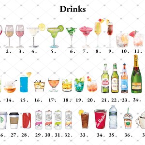 Pu&ograve; includere: Un'illustrazione ad acquerello di 37 bevande diverse, tra cui bicchieri di vino, cocktail, bottiglie di birra e tazze da caff&egrave;. Le bevande sono numerate da 1 a 37.