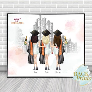 May include: A graduation print featuring four women in graduation caps and gowns, holding champagne bottles and diplomas. The print includes the text "VT VIRGINIA TECH." and the names "Tess, Gabi, Emma".