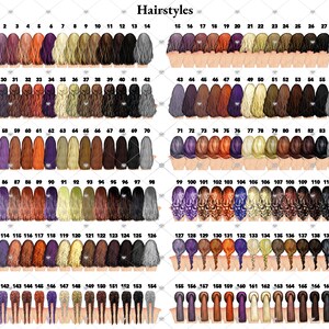 May include: A chart of 168 different hairstyles, numbered 1 to 168. The hairstyles are all different colors and styles, including long, short, curly, straight, and braided.