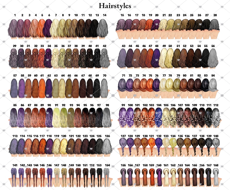 May include: A chart of 168 different hairstyles, numbered 1 to 168. The hairstyles are all different colors and styles, including long, short, curly, straight, and braided.