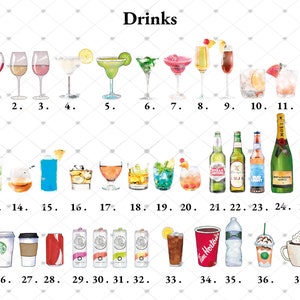 May include: A watercolor illustration of 37 different drinks, including wine glasses, cocktails, beer bottles, and coffee cups. The drinks are numbered 1 through 37.