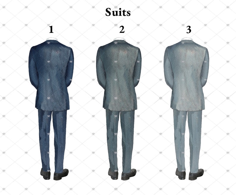 May include: Three watercolor illustrations of suits in different shades of blue. The suits are all standing upright with their hands in their pockets. The suits are labeled 1, 2, and 3.