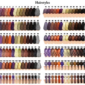 Pu&ograve; includere: Un grafico di 169 acconciature diverse, numerate da 1 a 169. Le acconciature sono tutte disegnate in uno stile cartone animato e sono mostrate da dietro. Le acconciature sono un mix di capelli lunghi e corti, con diversi colori e stili.