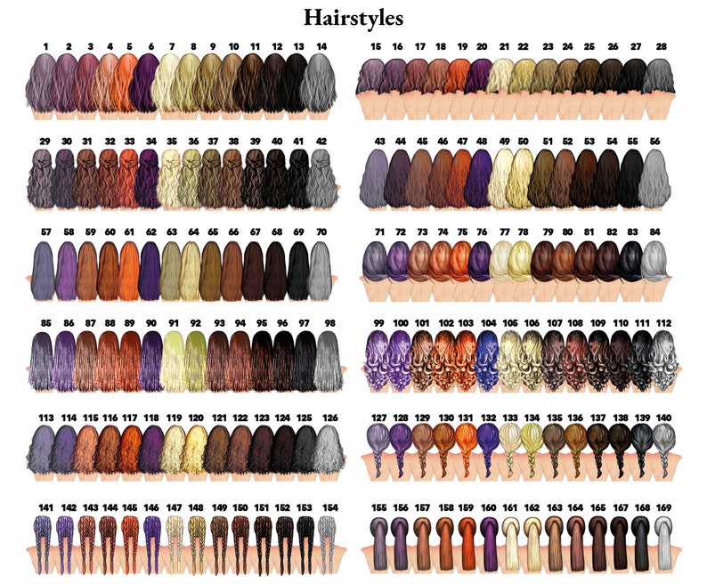 Pu&ograve; includere: Un grafico di 169 acconciature diverse, numerate da 1 a 169. Le acconciature sono tutte disegnate in uno stile cartone animato e sono mostrate da dietro. Le acconciature sono un mix di capelli lunghi e corti, con diversi colori e stili.