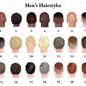May include: A chart with 21 different men's hairstyles illustrated with watercolor drawings. Each hairstyle is numbered 1 through 21.