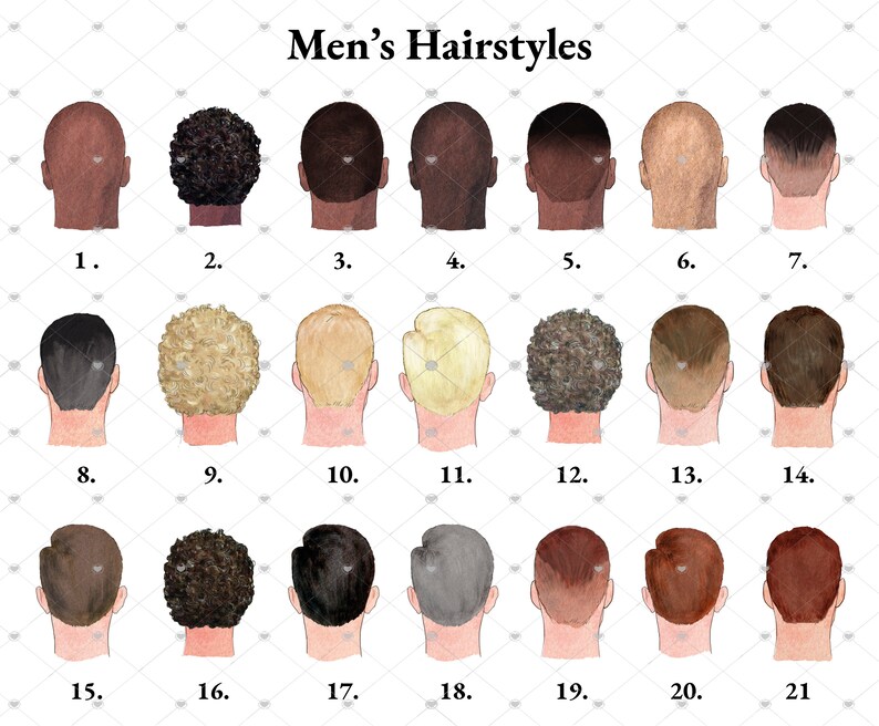 May include: A chart with 21 different men's hairstyles illustrated with watercolor drawings. Each hairstyle is numbered 1 through 21.