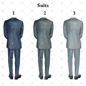 Pu&ograve; includere: Tre illustrazioni ad acquerello di abiti in diverse tonalit&agrave; di blu. Gli abiti sono tutti in piedi con le mani in tasca. Gli abiti sono etichettati con 1, 2 e 3.
