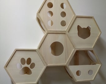 Hexagonal wall hanging furniture for cats | Wooden hexagon shape | Accessories available | Handmade