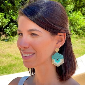 Prague gold and green earrings, boho, minimalist handmade jewelry, miyuki delica beads, accessory, gift for women - Christmas earrings
