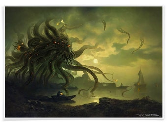 Art Print Shoggoth & H.P. Lovecraft at Moonlit Bay, Printed with Archival-Ink, Pastiche Art Signed by the Artist