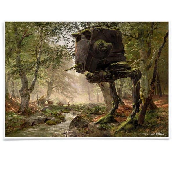 Kunstdruck AT-ST Walker im Wald, StarWars Poster, Hergestellt mit Archivtinte, Pastiche Kunst handsigniert vom Künstler