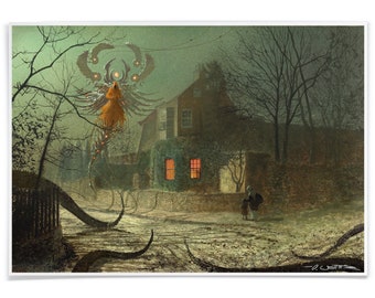 May include: A painting of a mysterious, winged figure with glowing orbs hovering over a small house in a snowy, nighttime scene. A person walks away from the house, seemingly unaware of the figure.