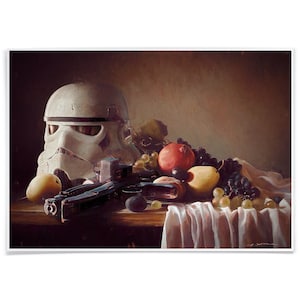 Art Print Stormtrooper Helmet on Still life, Tribute Printed with Archival-Ink, Inspired Mashup Art Signed by the Artist
