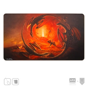 Speelmat Draken op de Vesuvius, Magie geïnspireerd, XL Muismat, TCG Speelmat Gemaakt in Duitsland, Gesigneerd door de kunstenaar