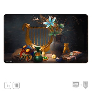 Tapete de juego Zelda con objetos de naturaleza muerta, tapete de juego retro para TCG, arte mashup hecho en Alemania firmado por el artista