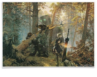 Stampa artistica Robot in una pineta - NieR Automata, realizzata con inchiostro d'archivio, pastiche mashup, firmata a mano dall'artista.