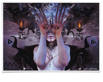 Lámina artística Oni Ni Tenome en formato horizontal, inspirada en El laberinto del fauno, realizada con tinta de archivo, obra firmada por el artista.