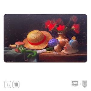 Tapete de juego con fruta del diablo sobre naturaleza muerta, tapete de juego retro de One Piece TCG, arte mashup hecho en Alemania firmado por el artista