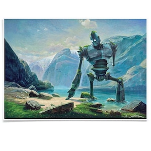 Art Print - Iron Giant at Lake, Poster Printed with Archival-Ink, Movie Inspired Pastiche Mashup Signed by Artist