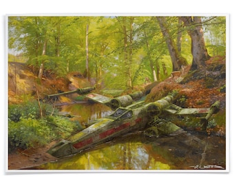 Art Print of XWing underneath trees, Poster Printed with Archival-Ink, Mashup Art Signed by the Artist