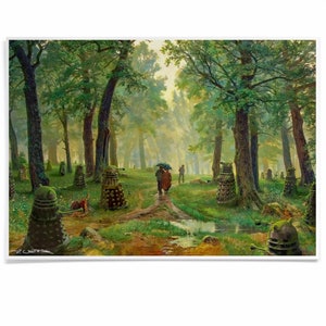 Könnte beinhalten: Ein Gemälde, das eine Waldszene mit einem Paar zeigt, das einen Weg entlanggeht. Die Bäume sind grün und der Weg ist aus Erde. Im Hintergrund befinden sich mehrere metallische Figuren, die an Roboter erinnern.