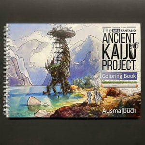 Coloring Book with detailed Sci-Fi Landscapes, The Ancient Kaiju Project - Adult Coloring Experience by Ars Fantasio, handsigned