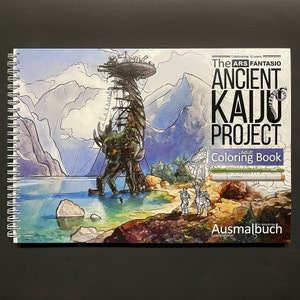 Sci Fi Coloring Book with detailed Landscapes, The Ancient Kaiju Project - Adult Coloring Experience by Ars Fantasio, handsigned