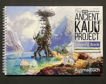 Sci Fi Coloring Book with detailed Landscapes, The Ancient Kaiju Project - Adult Coloring Experience by Ars Fantasio, handsigned