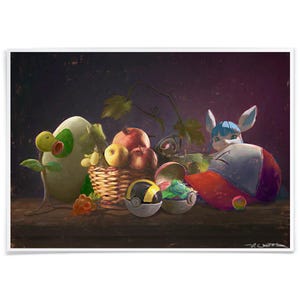 Stampa artistica di Pokemon su natura morta, Pocket Monster Still Life, realizzata con inchiostro d'archivio, firmata a mano dall'artista