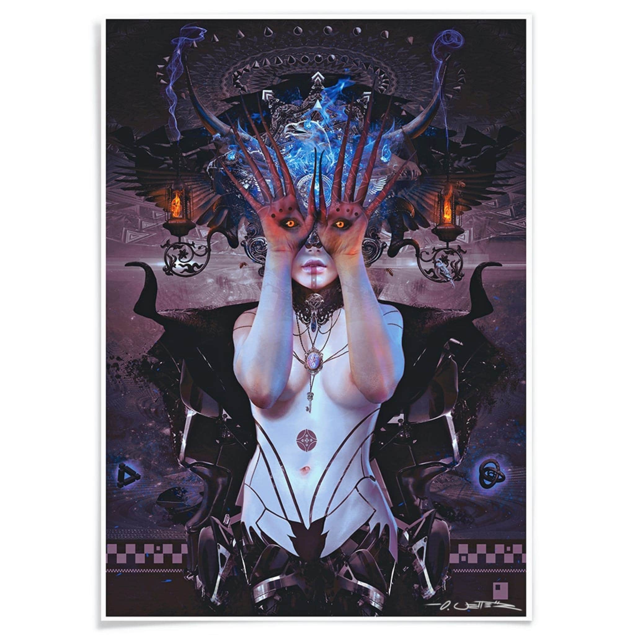 Lámina artística Oni Ni Tenome, motivo de fantasía oscura, realizada con tinta de archivo, obra original firmada por el artista.