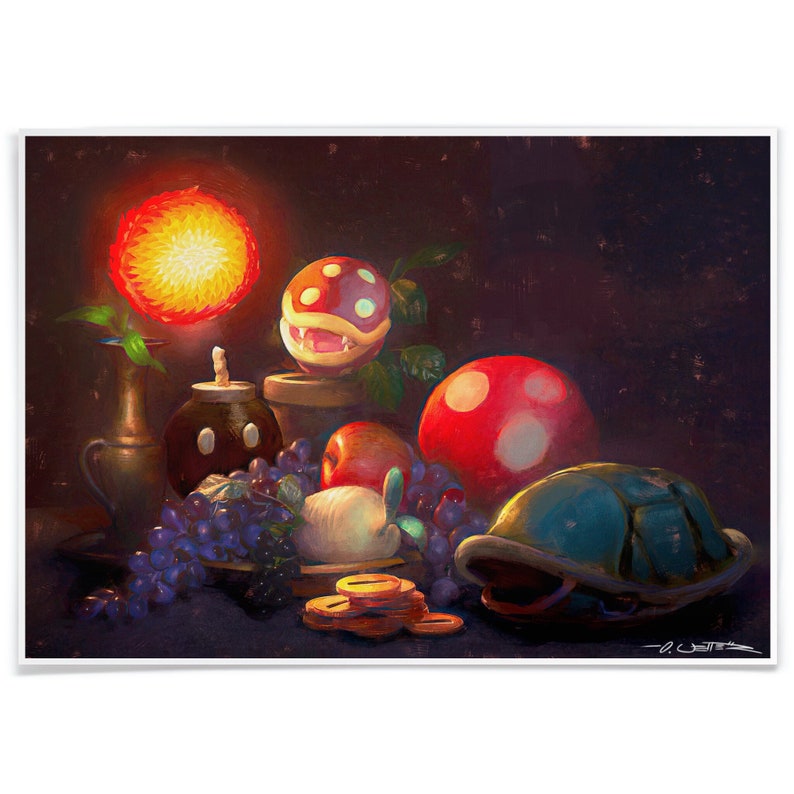 Pu&ograve; includere: Un dipinto di natura morta con una variet&agrave; di oggetti, tra cui un fiore rosso incandescente, una pianta verde, un fungo rosso e verde, una sfera rossa e bianca, una bomba marrone, un grappolo d'uva viola, un guscio bianco, un guscio di tartaruga blu e una pila di monete d'oro.