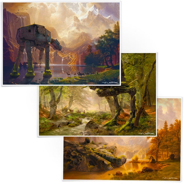 3 x Kunstdrucke, 2 Walker und Falke - StarWars Landschaft, Hergestellt mit Archivtinte, Pastiche handsigniert vom Künstler