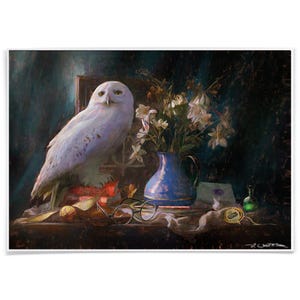 Stampa artistica Hedwig e natura morta, poster realizzato con inchiostro d'archivio, pastiche firmato a mano dall'artista