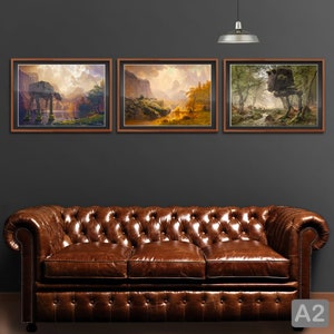 3 stampe d'arte, 2 Walker e Falcon - Paesaggio di StarWars, realizzate con inchiostro d'archivio, pastiche firmato a mano dall'artista