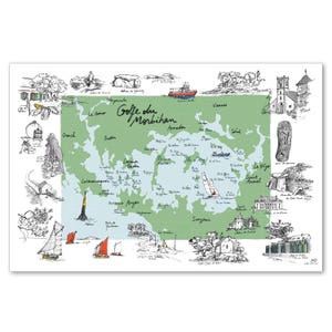 Peut inclure: Une impression de carte détaillée du Golfe du Morbihan en France, avec des illustrations dessinées à la main de monuments, de bateaux et de scènes côtières. La carte a un code couleur vert et bleu avec le texte "Golfe du Morbihan".