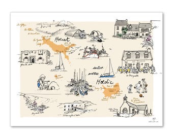 May include: A hand-drawn map of Houat and Hoëdic, islands off the coast of France, with illustrations of landmarks, boats, and people. The map is in black ink with orange highlights on a cream background.