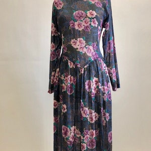 Vintage Purple Blue Floral Lightweight Long Rayon Cotton Dress