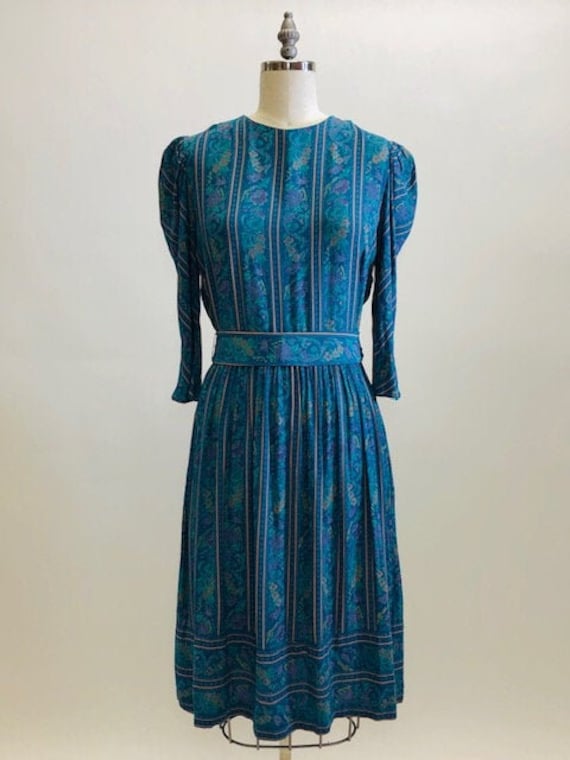 Vintage Teal Floral Viscose Midi Length Dress with