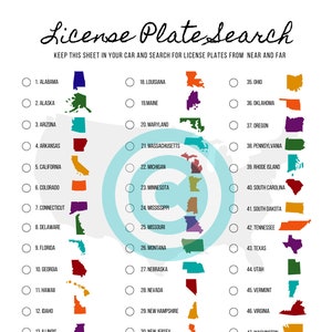 May include: A printable checklist with a colorful map of each US state. The checklist is titled "License Plate Search" and includes instructions to keep the sheet in your car and search for license plates from near and far.