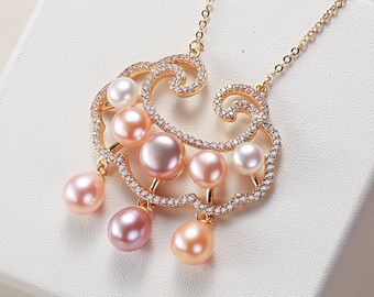 Freshwater Pearls Longevity Charm Pendant Necklace - Natural Pearls- 18K Gold Plated Chain Necklace - Minimalist Style For Good Luck -MD910