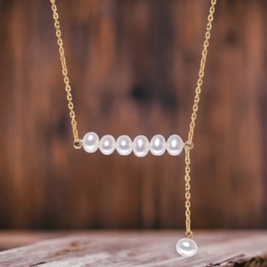 5mm Freshwater Near Round Pearls Dangle Pendant Necklace - Natural Pearls- 18K Gold Plated Chain Necklace - Minimalist Parallel Style -MD134