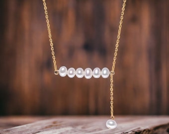 5mm Freshwater Near Round Pearls Dangle Pendant Necklace - Natural Pearls- 18K Gold Plated Chain Necklace - Minimalist Parallel Style -MD134