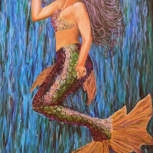 Mermaid painting, original art, living room decor, mermaid decor, kids room decor, wall art, wall decor, luxury decor, ocean art, affordable image 2