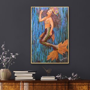 Mermaid painting, original art, living room decor, mermaid decor, kids room decor, wall art, wall decor, luxury decor, ocean art, affordable image 1